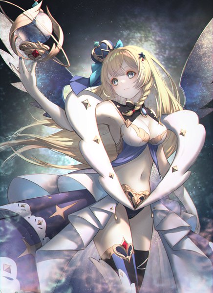 Anime picture 1600x2200 with original neon (pixiv 31150749) single long hair tall image blush fringe breasts blue eyes light erotic blonde hair large breasts standing looking away cleavage braid (braids) nail polish arm up floating hair symbol-shaped pupils