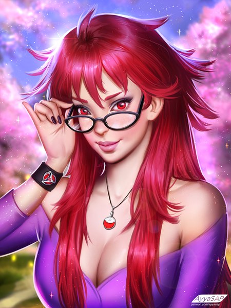 Anime picture 3000x4000 with naruto studio pierrot naruto (series) karin (naruto) ayyasap single long hair tall image looking at viewer blush fringe highres breasts light erotic red eyes large breasts bare shoulders signed cleavage outdoors