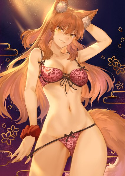 Anime picture 1302x1842 with fate (series) fate/extra ccc fox tail fate/extra fate/extra ccc suzuka gozen (fate) mashuu (neko no oyashiro) single long hair tall image looking at viewer blush fringe breasts light erotic simple background smile hair between eyes standing animal ears yellow eyes