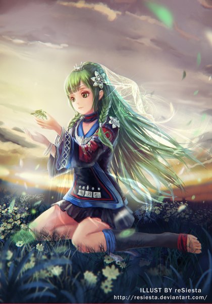 Anime-Bild 1000x1428 mit original rakuhei (artist) long hair tall image green eyes cloud (clouds) green hair girl dress hair ornament flower (flowers) plant (plants) leaf (leaves)