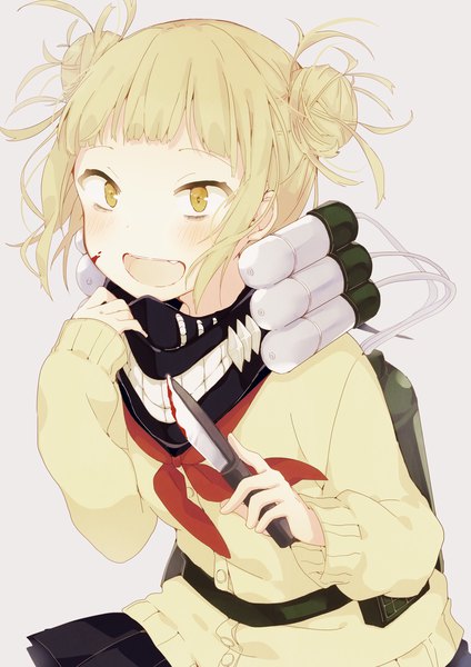 Anime picture 2893x4092 with boku no hero academia studio bones toga himiko kaneko aaru single tall image blush fringe highres short hair open mouth blonde hair simple background yellow eyes payot looking away hair bun (hair buns) blood on face messy hair bloody weapon
