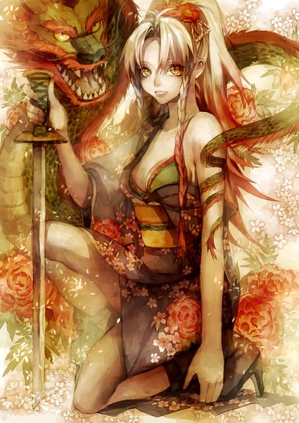 Anime picture 620x876 with original tsukioka tsukiho single long hair tall image looking at viewer light erotic bare shoulders yellow eyes ahoge white hair ponytail red hair braid (braids) traditional clothes japanese clothes multicolored hair tattoo high heels floral print
