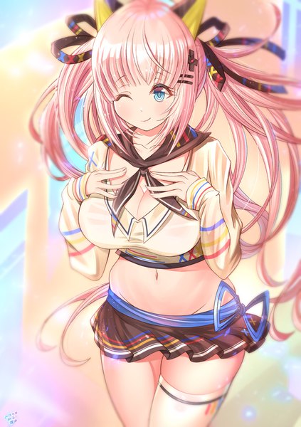 Anime picture 1355x1920 with virtual youtuber the moon studio kaguya luna jiaxi daze single long hair tall image blush fringe breasts blue eyes light erotic smile large breasts standing twintails signed animal ears payot looking away