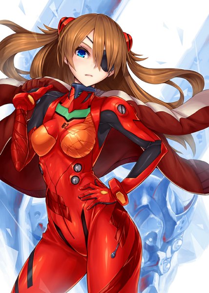 Anime picture 713x1000 with neon genesis evangelion rebuild of evangelion evangelion: 2.0 you can (not) advance evangelion: 3.0 you can (not) redo gainax soryu asuka langley 2d (artist) single long hair tall image fringe breasts blue eyes brown hair standing hand on hip girl navel jacket eyepatch