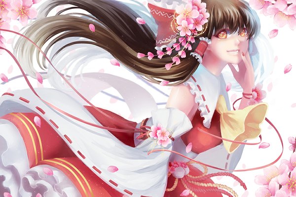 Anime picture 1000x666 with touhou hakurei reimu ling (vivianling) single long hair looking at viewer fringe smile brown hair nail polish wind orange eyes cherry blossoms red nail polish hand on cheek adapted costume girl hair ornament plant (plants) detached sleeves