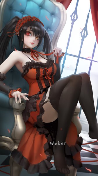 Anime picture 4000x7108 with date a live tokisaki kurumi weber single long hair tall image looking at viewer fringe highres breasts light erotic black hair hair between eyes red eyes twintails bare shoulders holding signed yellow eyes payot