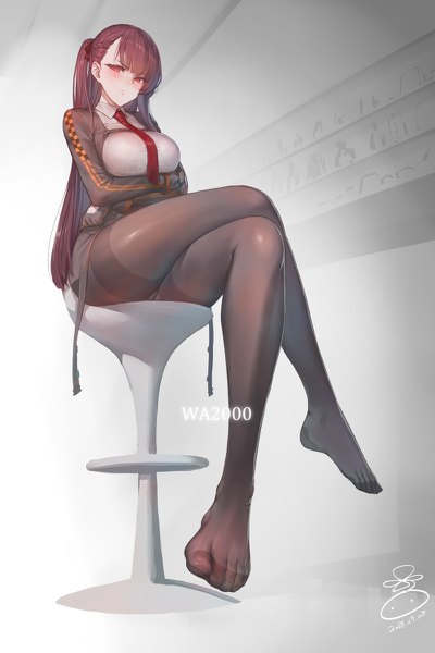 Anime picture 800x1200 with girls frontline wa2000 (girls frontline) suerte single long hair tall image looking at viewer blush fringe breasts light erotic simple background red eyes large breasts sitting signed purple hair full body ass no shoes