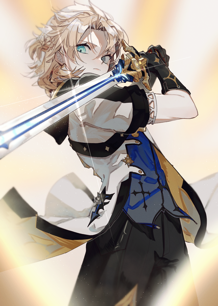 Anime picture 1488x2088 with genshin impact albedo (genshin impact) nakaba (mode) single tall image looking at viewer fringe short hair blue eyes simple background blonde hair hair between eyes standing holding arms up sparkle half updo boy gloves weapon