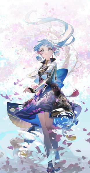 Anime picture 2853x5500 with genshin impact kamisato ayaka rafaelaaa single long hair tall image highres smile blue hair ponytail multicolored hair from above streaked hair cherry blossoms girl petals tassel