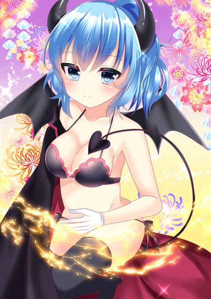 Anime picture 868x1228 with original misaki86 single tall image looking at viewer blush fringe short hair breasts blue eyes light erotic sitting bare shoulders blue hair full body bent knee (knees) tail horn (horns) light smile off shoulder