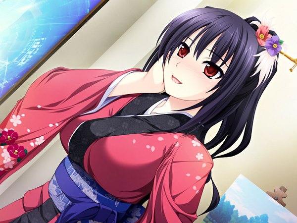 Anime picture 1024x768 with duelist x engage kakyouin tsubaki single long hair breasts black hair red eyes large breasts looking away game cg upper body ponytail indoors japanese clothes light smile hand on face girl hair ornament belt kimono