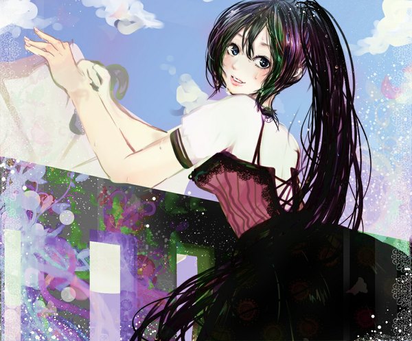 Anime picture 1094x908 with original risou (maeda risou) single long hair blush blue eyes black hair sky cloud (clouds) ponytail looking back from behind lacing girl umbrella water drop corset