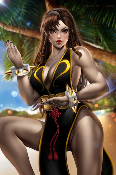 Anime picture 3333x5000 with street fighter capcom chun-li ayyasap single long hair tall image looking at viewer blush fringe highres breasts open mouth light erotic brown hair large breasts standing brown eyes signed payot