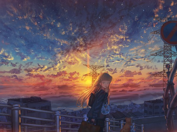 Anime picture 2000x1500 with original kenzo 093 single long hair looking at viewer fringe highres open mouth smile brown hair standing holding brown eyes sky cloud (clouds) outdoors blunt bangs wind sunlight city