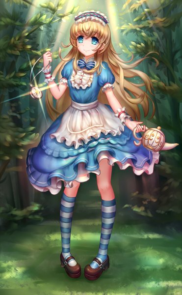 Anime picture 1000x1614 with alice in wonderland alice (wonderland) aaeru single long hair tall image looking at viewer blue eyes blonde hair girl dress plant (plants) tree (trees) socks headdress clock pocket watch teapot striped socks