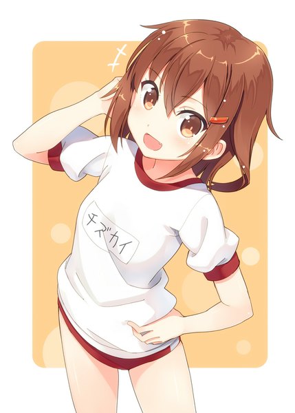 Anime picture 800x1119 with kantai collection ikazuchi destroyer hyuuga azuri single long hair tall image looking at viewer blush open mouth light erotic brown hair brown eyes teeth fang (fangs) hand on hip clothes writing girl uniform gym uniform buruma