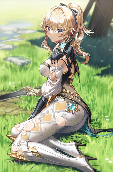 Anime picture 655x1000 with genshin impact jean gunnhildr silence girl single long hair tall image looking at viewer fringe breasts blue eyes light erotic blonde hair hair between eyes sitting payot full body bent knee (knees) outdoors ass ponytail