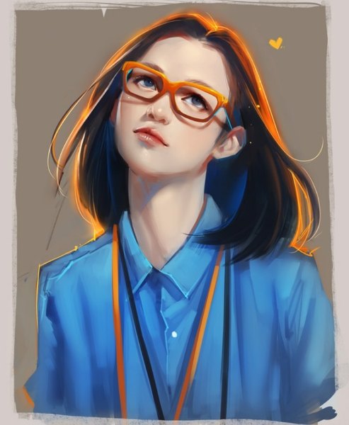 Anime picture 720x876 with original superschool48 single long hair tall image blue eyes black hair simple background orange hair realistic looking up brown background girl shirt glasses heart