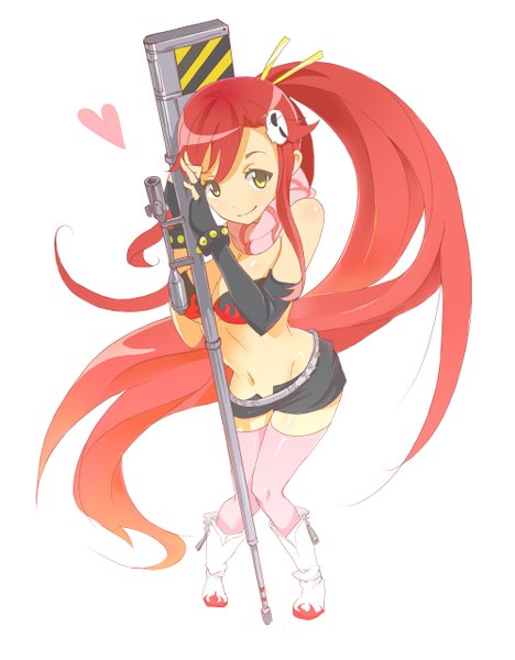 Anime picture 1000x1282 with tengen toppa gurren lagann gainax yoko littner single tall image blush simple background smile white background bare shoulders yellow eyes red hair very long hair girl thighhighs gloves navel hair ornament elbow gloves shorts