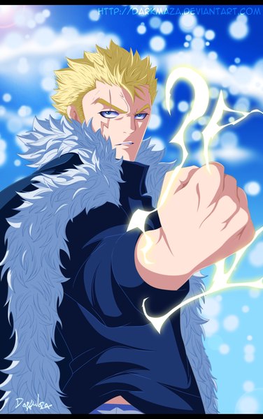 Anime picture 2000x3190 with fairy tail laxus dreyar darkmaza single tall image highres short hair blue eyes blonde hair sky cloud (clouds) sunlight coloring magic letterboxed scar electricity boy fur fist