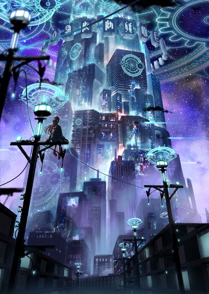 Anime picture 1024x1443 with original sorametoro single long hair tall image brown hair sitting outdoors from behind magic girl building (buildings) star (stars) power lines magic circle skyscraper lamppost
