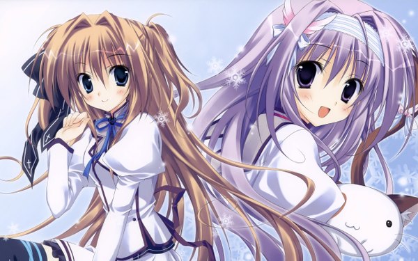 Anime picture 2560x1600 with mashiroiro symphony sena airi amaha miu highres blue eyes brown hair wide image purple eyes purple hair girl serafuku