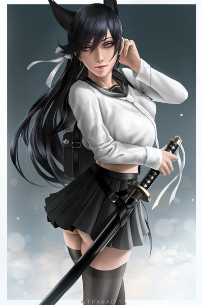 Anime picture 1512x2268 with azur lane atago (azur lane) atago (school daydream) (azur lane) wtparadiseart single long hair tall image looking at viewer fringe breasts light erotic black hair simple background hair between eyes large breasts standing holding brown eyes signed animal ears