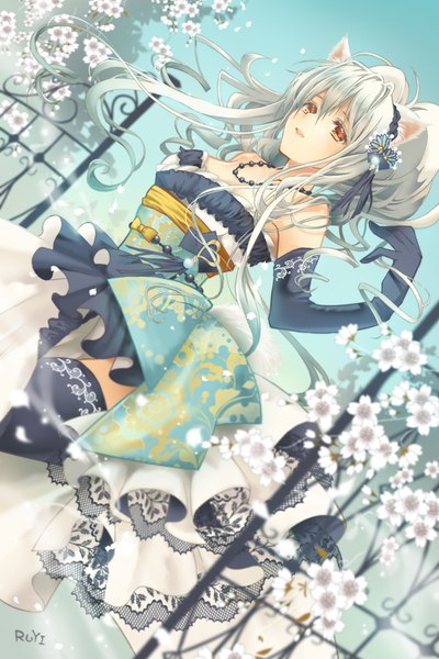 Anime picture 1000x1500 with original ruyi (regalia1020) single long hair tall image fringe hair between eyes bare shoulders brown eyes signed animal ears looking away sky silver hair ahoge outdoors arm up hair flower wind dutch angle