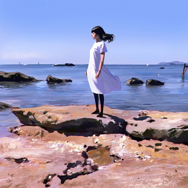 Anime picture 1080x1080 with original ilya kuvshinov single long hair fringe black hair standing eyes closed wind short sleeves horizon seaside girl dress white dress sea sundress stone (stones)