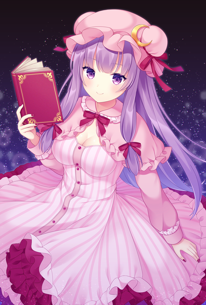 Anime picture 747x1100 with touhou patchouli knowledge yamayu single long hair tall image looking at viewer blush fringe breasts simple background smile hair between eyes standing purple eyes holding cleavage purple hair blunt bangs nail polish
