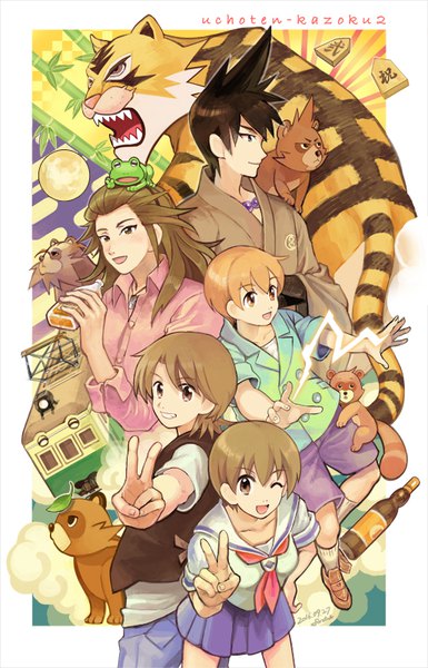 Anime picture 514x800 with uchouten kazoku p.a. works shimogamo yasaburou shimogamo yajirou shimogamo yaichirou shimogamo yashirou fon-due (fonfon) long hair tall image short hair blonde hair brown hair traditional clothes japanese clothes multiple boys victory siblings multiple persona animal on head brothers
