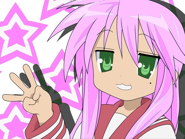 Anime picture 1600x1200 with lucky star kyoto animation izumi konata single long hair looking at viewer fringe hair between eyes green eyes pink hair upper body mole shadow mole under eye alternate hair color girl star (symbol)