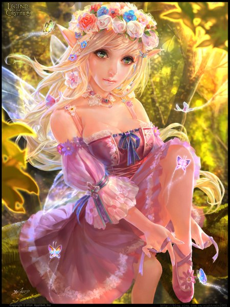 Anime picture 2000x2667 with legend of the cryptids yu-han single long hair tall image highres breasts blonde hair bare shoulders green eyes lips pointy ears elf girl dress insect butterfly wreath