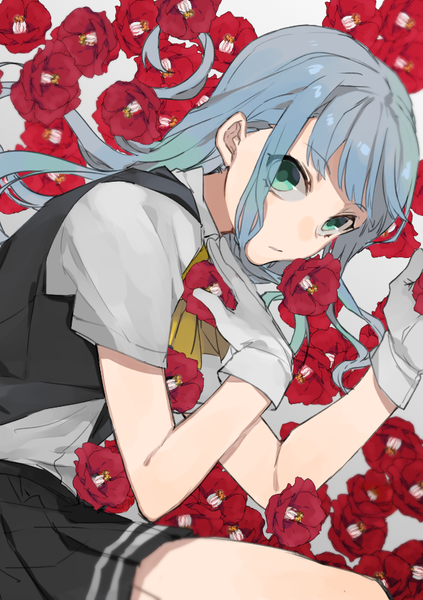 Anime picture 595x842 with kantai collection hatsukaze destroyer hita (hitapita) single long hair tall image looking at viewer fringe blue hair lying aqua eyes girl gloves uniform flower (flowers) school uniform white gloves camellia (flower)