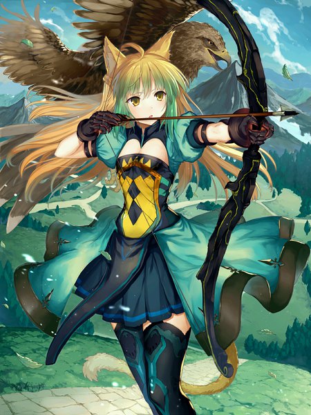 Anime picture 1200x1600 with fate (series) fate/grand order fate/apocrypha atalanta (fate) abusoru single long hair tall image open mouth blonde hair holding green eyes looking away sky cleavage cloud (clouds) ahoge outdoors multicolored hair green hair