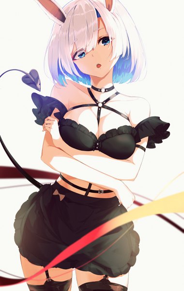 Anime picture 1575x2485 with original kooemong single tall image looking at viewer fringe short hair breasts blue eyes light erotic simple background hair between eyes large breasts standing bare shoulders animal ears blue hair cleavage white hair tail
