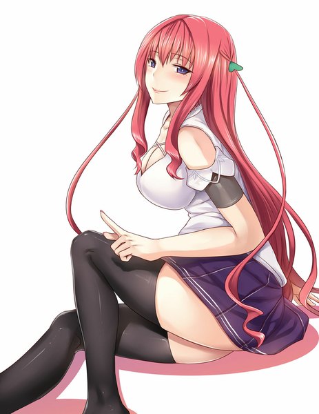 Anime picture 909x1178 with original zhen lu single long hair tall image looking at viewer blush fringe breasts light erotic smile large breasts sitting twintails purple eyes pink hair bent knee (knees) pleated skirt shadow girl