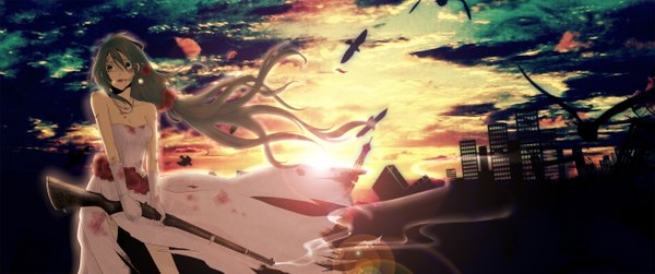 Anime picture 2646x1108 with vocaloid hatsune miku naoko single long hair highres blue eyes wide image bare shoulders cloud (clouds) green hair tears girl dress gloves weapon animal petals bird (birds) gun