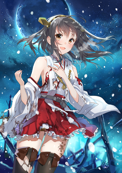 Anime picture 706x1000 with kantai collection haruna battleship yuzuki kihiro single long hair tall image looking at viewer blush open mouth sky traditional clothes japanese clothes night torn clothes nontraditional miko girl skirt miniskirt boots frills