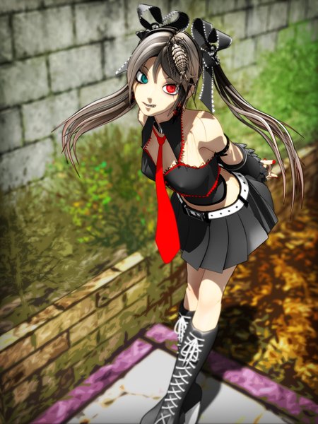 Anime picture 1125x1500 with original bacterial contamination (vocaloid) calne ca deino single long hair tall image twintails grey hair heterochromia girl skirt hair ornament ribbon (ribbons) plant (plants) hair ribbon detached sleeves miniskirt necktie grass