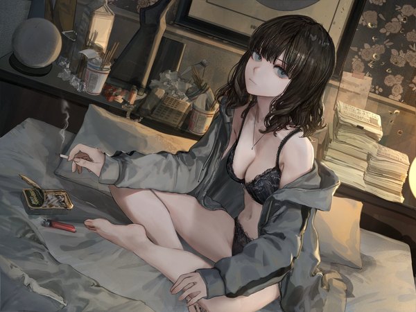 Anime picture 2048x1536 with original hashimoto kokai single looking at viewer fringe highres short hair breasts light erotic black hair sitting payot cleavage blunt bangs long sleeves barefoot off shoulder open clothes open jacket grey eyes