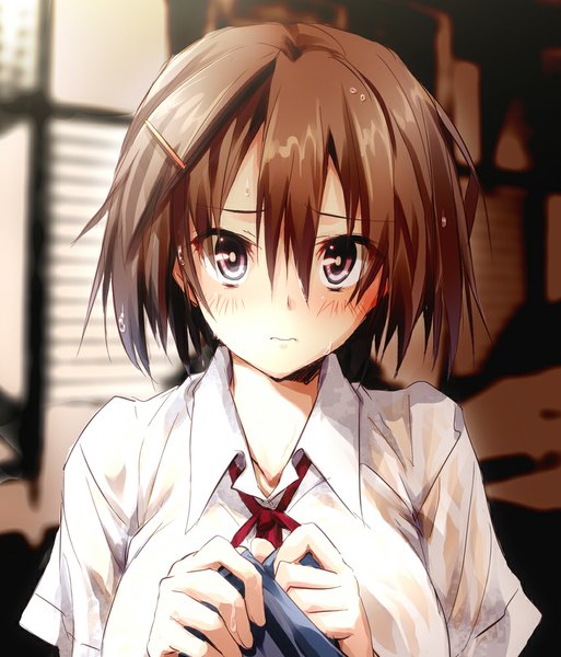 Anime picture 855x1000 with original matsuno canel single tall image looking at viewer blush short hair brown hair brown eyes wavy mouth girl shirt