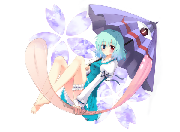 Anime picture 1041x762 with touhou tatara kogasa suisai blush short hair blue hair barefoot heterochromia eyes girl dress tongue umbrella