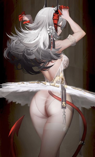 Anime picture 1359x2240 with arknights w (arknights) arigiep single long hair tall image looking at viewer breasts light erotic standing yellow eyes ass tail profile looking back horn (horns) grey hair from behind arms up back