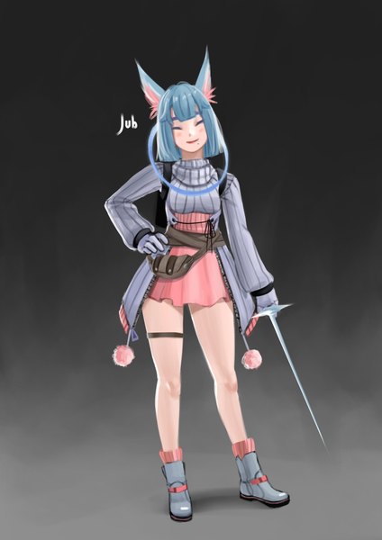 Anime picture 2480x3508 with original lizha (jubi) jubi (regiana) single tall image fringe highres short hair simple background smile standing signed animal ears blue hair full body blunt bangs eyes closed long sleeves mole hand on hip