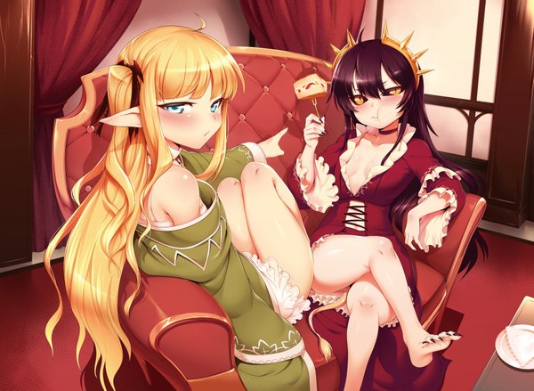 Anime picture 1902x1392 with tanaka the wizard edita (tanaka the wizard) christina (tanaka the wizard) mdastarou long hair blush highres breasts blue eyes light erotic black hair blonde hair multiple girls yellow eyes absurdres tail pointy ears bare legs crossed legs eating
