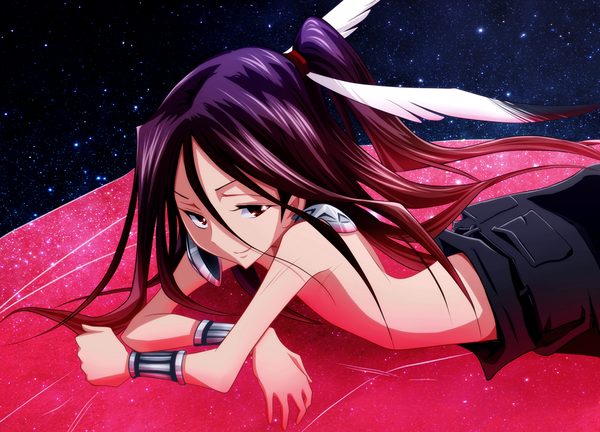 Anime picture 1000x720 with shaman king xebec asakura hao hao-hime single long hair smile red eyes purple hair ponytail night sky coloring on stomach head wings boy star (stars)