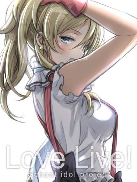 Anime picture 750x1000 with love live! school idol project sunrise (studio) love live! ayase eli kuinji 51go single tall image looking at viewer blush breasts blue eyes blonde hair simple background white background ponytail arms up girl gloves earrings fingerless gloves