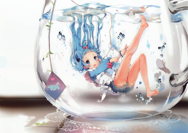 Anime picture 2810x1987 with original anmi single long hair looking at viewer blush highres open mouth blue eyes light erotic blue hair ass long sleeves barefoot scan bare legs legs underwater girl skirt