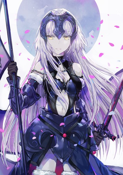Anime picture 740x1047 with fate (series) fate/grand order fate/apocrypha jeanne d'arc (fate) (all) jeanne d'arc alter (fate) jeanne d'arc alter (avenger) (third ascension) (fate) dangmill single long hair tall image looking at viewer fringe holding yellow eyes cleavage silver hair girl gloves navel hair ornament